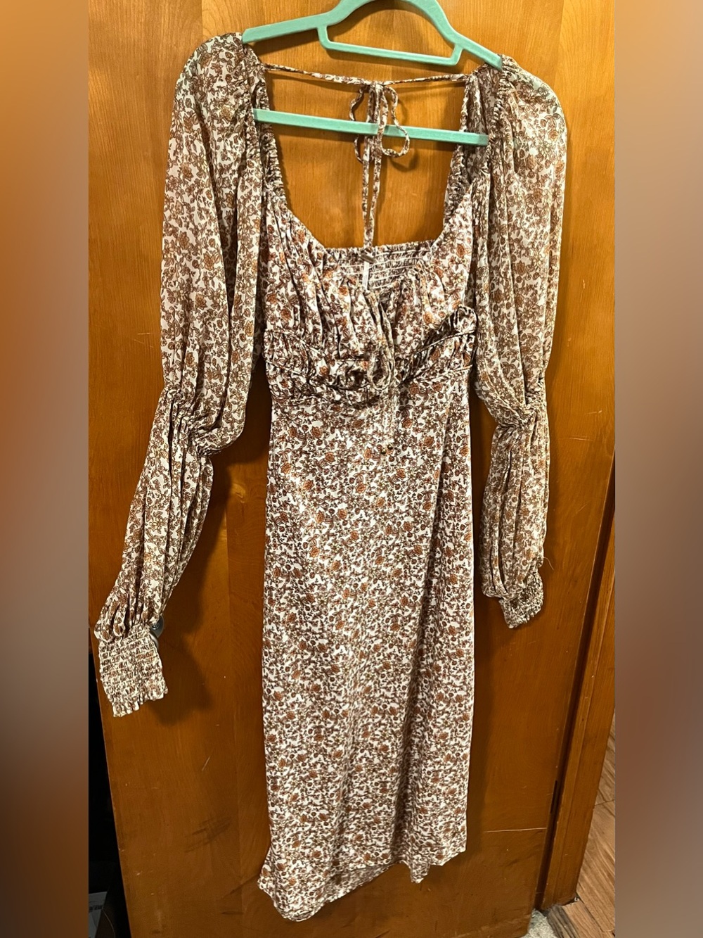 Free People Brown and Cream Floral Long Sleeve Midi Dress